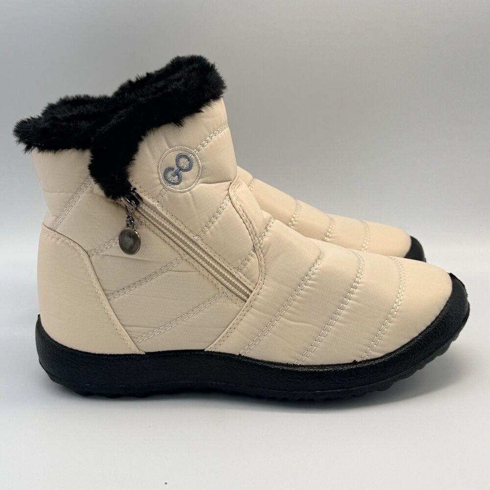Womens Winter Snow Boots Beige Faux Fur Side Zip Insulated Booties 7.5 Soft Girl